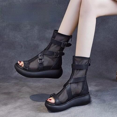 2021 New Cool boots womens leather hollow out summer rivet fish mouth net boots high slope heel soft leather mesh sandals women