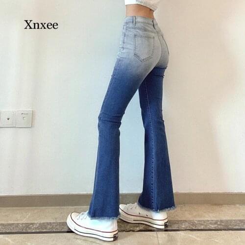 Y2K Chic Gradient Womens Denim Flared Trousers New Slim Fitting High Waist Hip Rough Jeans Pants Vintage Streetwear 2021 Bottom
