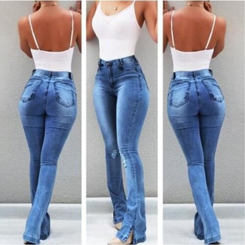 Women Ripped Flared Jeans High Waist Elegant Vintage Bell Bottom Skinny Denim Pants Ladies Sexy Casual Wide Leg Jeans Trousers