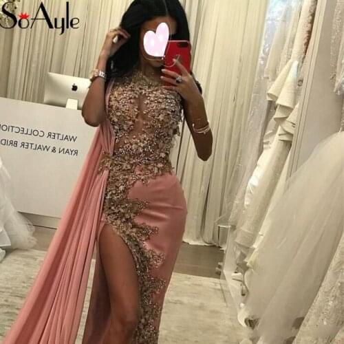 SoAyle Evening Dresses 2019 Sheer Evening Dress Sheath Beading Lace Robe De Soiree Africa Fashion Long Dresses