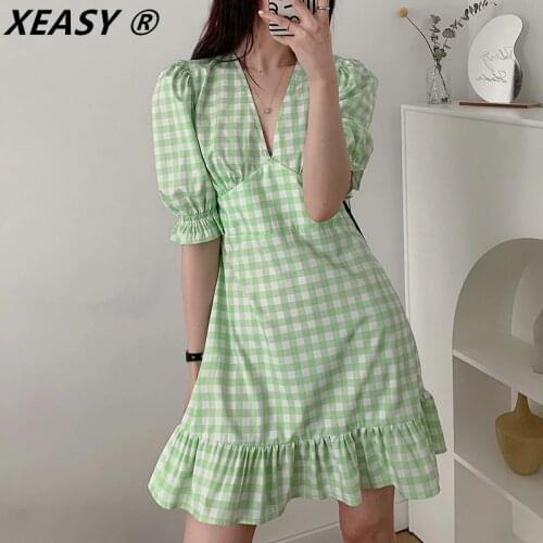 XEASY 2021 Vintage Green Plaid Dress Puff Sleeve Dresses Woman Ruffles Hem Summer Mini Dress