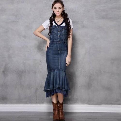 2020 Summer Lace Denim Womens Dresses Jeans Casual Fishtail Long Slim Dress