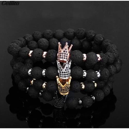 2021 Fashion Micro CZ King Crown Charm Bracelet Handmade Stretch Mens 8mm Copper Beads Women Bracelet Bangle Jewelry