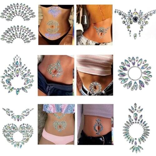 3D Belly Button Stickers Dance Party Fake Tattoo for Woman Tattoo Drill Rhinestone Decoration Temporary Belly Crystal Stickers