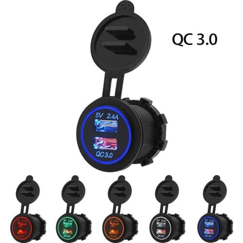 QC 3.0 Car Power Socket Auto Quick Charger Dual USB Vehicle DC12V-24V 5V/3.4A Car Charger for Mobile Phone Waterproof