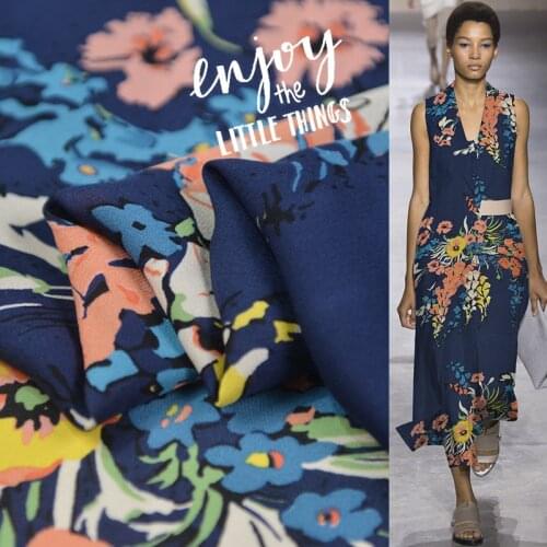 Floral on navy blue pure silk crepe georgette silk fabric good drapability and soft,SCG661