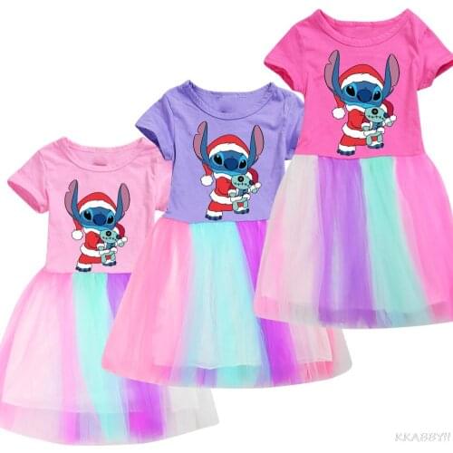 Disney Stitch Girls Dress 2021 Summer Short Sleeve Clothing Kids Girls Dresses Children Clothes