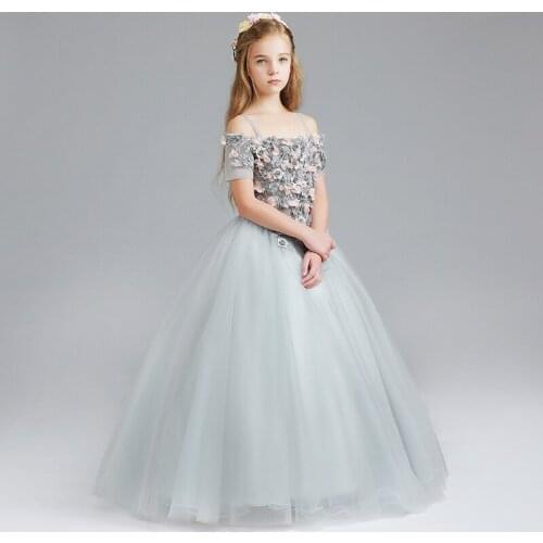 Flower Girl Dress Princess Off The Shoulder Ball Gown Floor-Length Tulle Boat Neck Pearls Luxury Embroidery Kid Party Skirt H105
