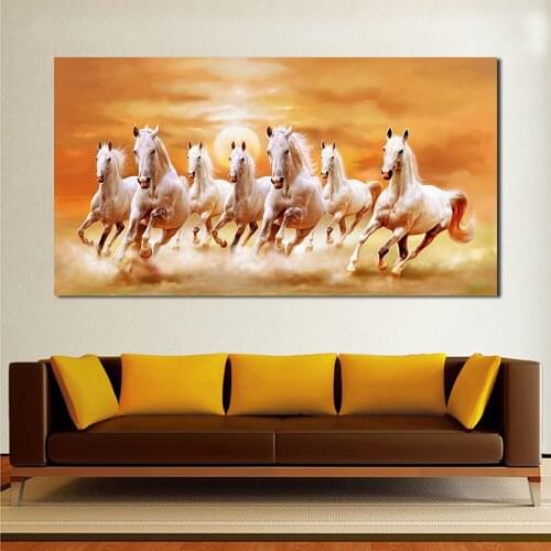 JQHYART Seven Running White Horse Animals Home Decor Paintings On Canvas Posters and Prints Modern Wall Picture For Living Room