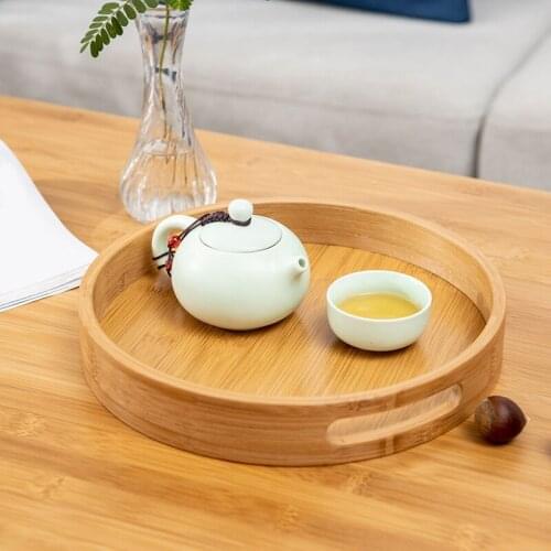 Round Serving Bamboo Wooden Tray For Dinner Trays Tea Bar Breakfast Food Container Handle Storage Holder Household Accessories