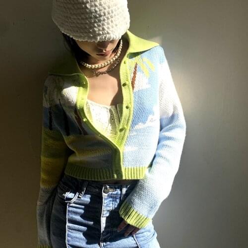 Summer style 21 new HOUSE OF SUNNY wave coconut tree knitted cardigan short