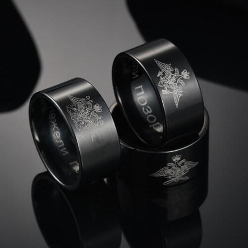 Polished 10MM Ring Russian Navy Army Air Force Eagle Logo Stainless Steel Black Straight edge Ring For Men Fashion Jewelry Gifts
