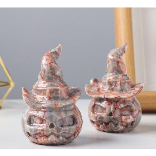 Natural Red Grid Stone Pumpkin Head Halloween Pendulum Hollow Crafts Crystal Reiki Healing Carving Home Decorations Ornaments