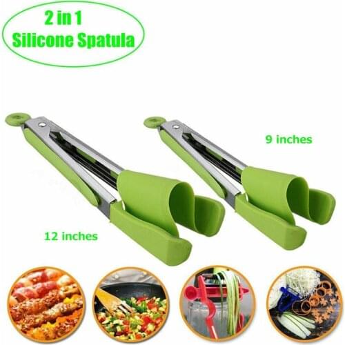 New 2 in 1 Smart Kitchen Spatula and Tongs Non-Stick Heat Resistant Stainless Steel Frame Silicone Tongs Kitchen Gadget