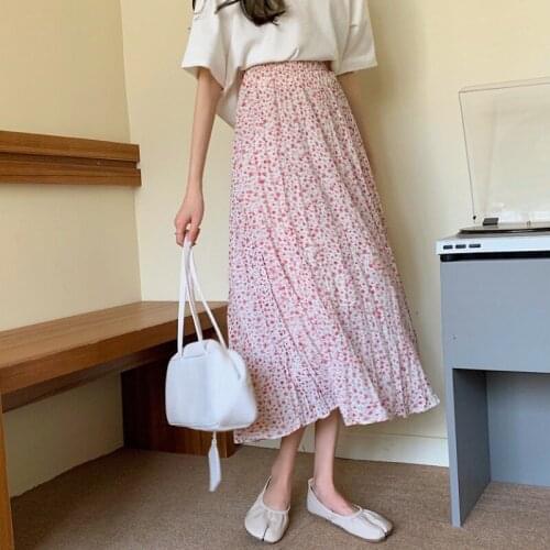 2021 spring and autumn new womens Korean a-line floral skirt with waist pleated and thin mid-length skirt