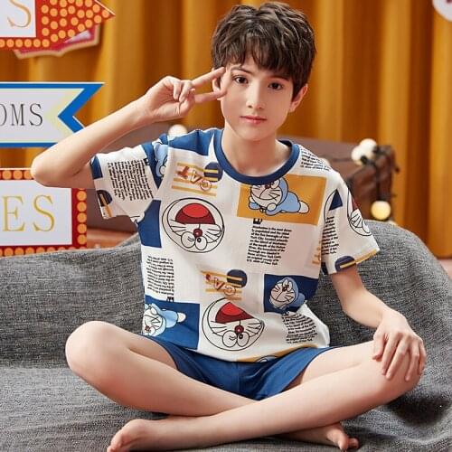 Kids Boys Funny Japan Anime Doraemon Pajamas Sets Children Clothes Summer Short Sleeve Boys Sleepwear Child 100% Cotton Homewear