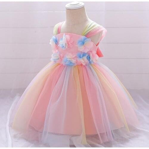 Infant Baby Girls Flower Dresses Rainbow Newborn Baby Baptism Clothing Princess Tutu 1 Years Birthday Dress 6M-5T