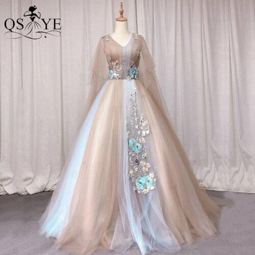 Puffy Ball Gown Prom Dresses Long Shawl Champagne Evening Dress V Neck Embroidery Lace Tulle Prom Party Gown Lace up Back Dress