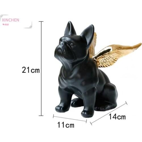 Black French Bulldog Statue with Gold Wing Ceramic Art Animal Figurine Handmade Decorative Collectible Figures Modern Home Decor