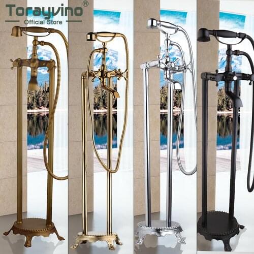 Torayvino Bathroom Floor Mounted Bathtub Shower Faucet 360 Rotation Waterfall Spout Bathtub Faucet With Handshower Combo Kit