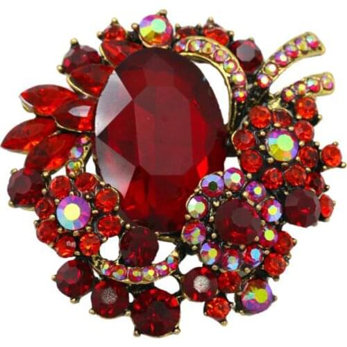 Vintage Women Flower Brooch New Heart Rhinestones and Large Acrylic Stone Red Brooch Pins for Collar Scarf Coat Fashion Jewelry