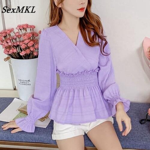 Women V Neck Long Sleeve Blouses 2021 Fashion Casual Purple Chiffon Corset Tops y2k Korean Sexy Slim French Vintage Blusas Mujer