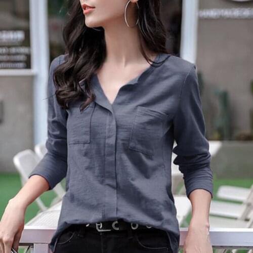 Bamboo cotton long-sleeved womens T-shirt spring new body cotton loose v-neck Korean stitching solid color tops A221
