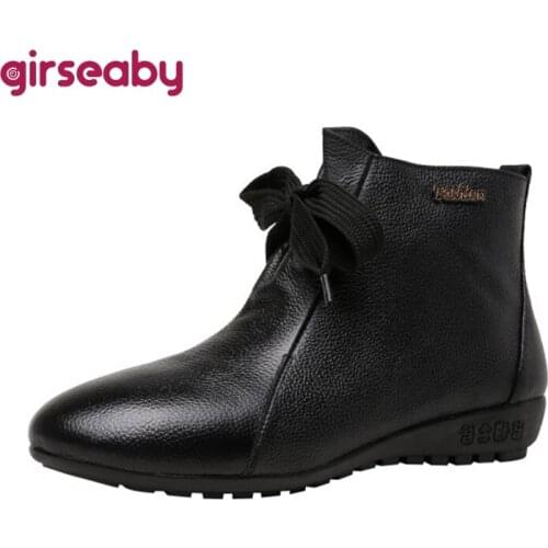 Girseaby Women Boots Genuine leather Ankle Boots Wedges Crossed tied Fashion High quality Female Autumn winter Black Big size