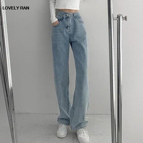 Women High Waist Jeans Cross-waisted Straight Korean Drape Denim Trousers Female 2021 Summer Girls Fashion All-match Pant