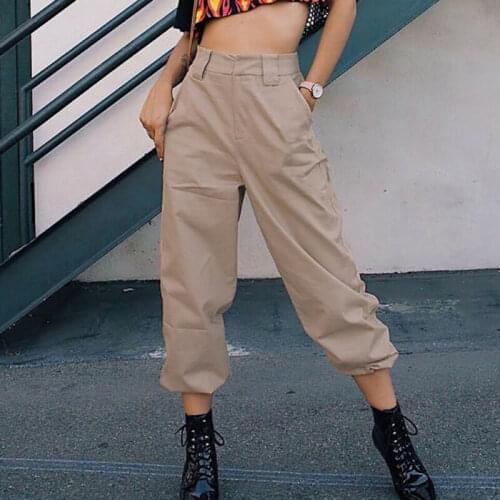 Womens Casual Cargo Pants Solid Color High Waist Punk Loose Long Sports Trousers With Side Pockets Plus Size