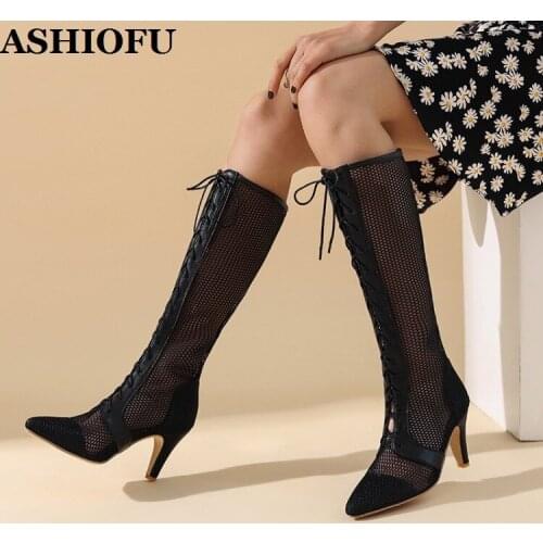 ASHIOFU New 2021 New Ladies Mid-calf Boots Air-mesh Cross Shoelace Party Prom Shoes Sexy Evening Breathable Fashion Half Boots
