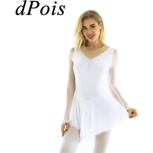 Women Adults Ballet Dance Leotard Dress Round Neck Long Sleeve with Fingertip Shiny Rhinestones Figure Ice Roller Skating Skirt