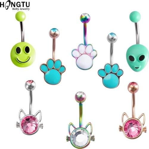 HONGTU 1Pc Exquisite Fashionable Cat Belly Button Ring CZ Crystal Stainless Steel 14G Navel Rings Lady Body Piercing Jewelry