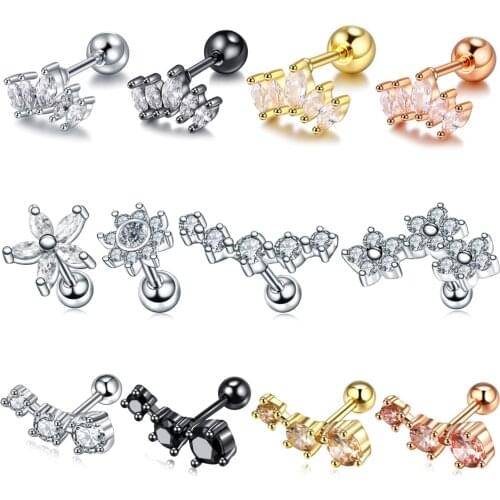 1PC Steel CZ Gem Orelha Cartilage Upper Ear Stud Earring Helix Bar Piercing Crystal Flower Conch Lobe Ear Piercing Women Jewelry