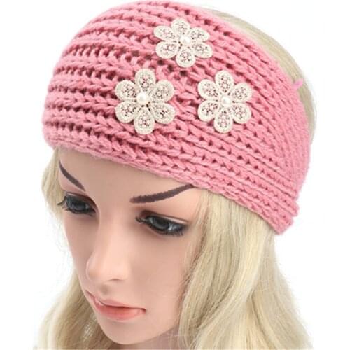 10pcs 2018 New Crochet Pearls Flower Headband Ear Warm Knitted Hairband Lace Headwrap Turbans Girls Hair Accessories for Women