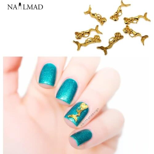 10pcs Gold Mermaid 3D Nail Stickers Decoration Shiny Metal Stud Hollow Nail Art Decorations