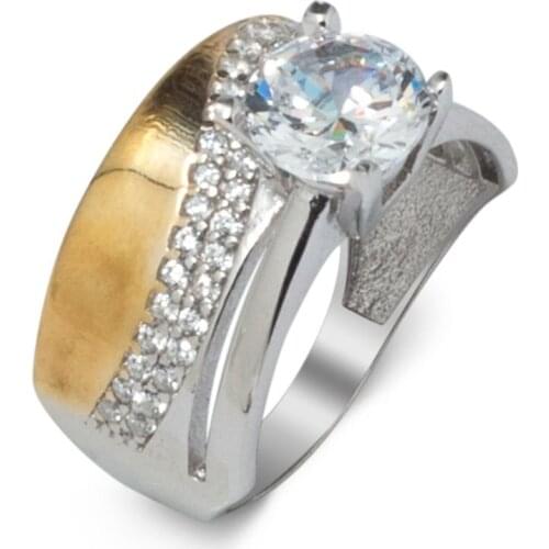 925 Sterling Silver Solitaire Ring with Two Line Half Round Zircon Stone