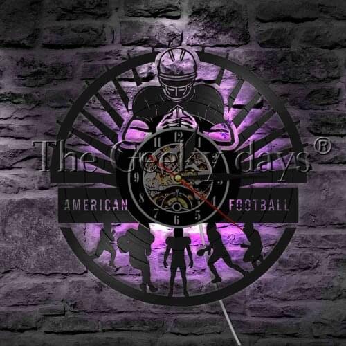 American Football Teamwork Vinyl Record Wall Clock With LED illumination Rugby Team Outdoor Sport Decorative Lighting