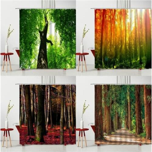 Asian Spring Scenery Shower Curtains Forest Path Sunlight Background Bathroom Decoration Home Bath Curtains Ready Multiple Size