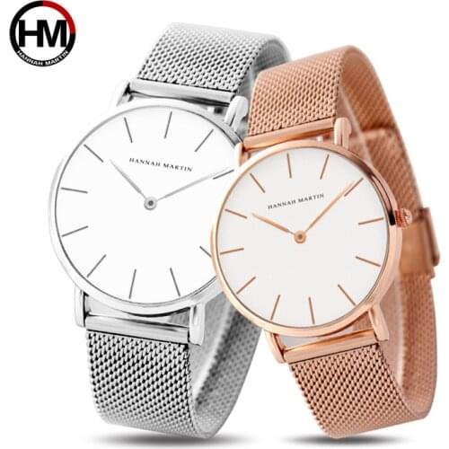 HANNAH MARTIN Luxury Lovers Watches Stainless Steel Mesh Starp Quartz Wristwatches Women Watches Men Relogio Feminino Rose Gold
