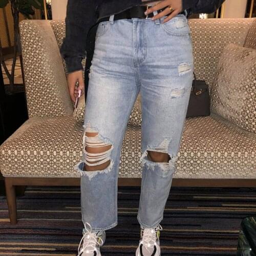 Europe And The United States Feng Shui Wash Big Hole Small Loose Twill Denim Hole Trousers