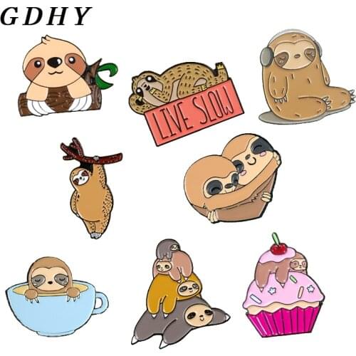 GDHY Cartoon sloth Animal Brooch Enamel Pins Sloth Mug Cake Branch Hug Brooches Lapel Pin Sloth Badge for kids Jewelry Bijoux