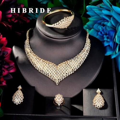 HIBRIDE Big Luxury Design Gold Color Women Bridal 4 pcs Jewelry Set Dress Necklace Earring Jewelry Set For Party Gits N-882