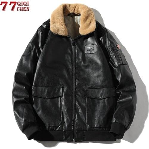 Winter PU Leather Jacket Men Thick Warm Bomber Luxury Coats Fur Collar Streetwear Hip Hop Motorcycle Pilot Faux Leather Jacket