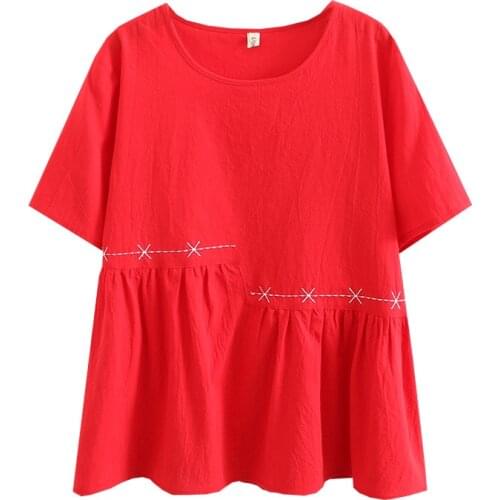 Summer T-Shirt Women Clothes Tees 2021 Casual Plus Size Tops Short Sleeve Cotton And Linen Embroidery Camiseta Mujer