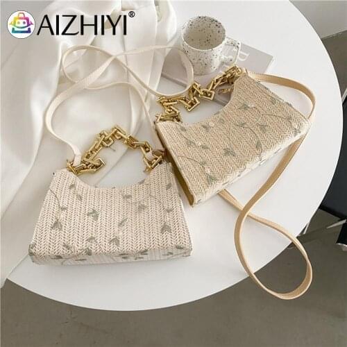 Fashion Women Straw Woven Mesh Lace Flower Crossbody Shoulder Messenger Bag Casual Ladies Thick Chain Small Handbags Purse
