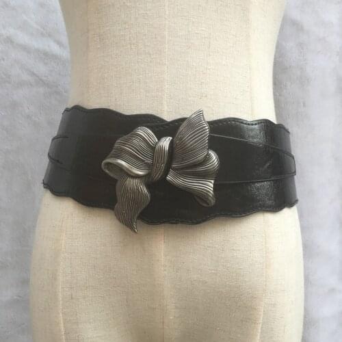 Fashion Punk Metal flowered buckle Wide Belt Faux Leather wide slim waist belt for Women