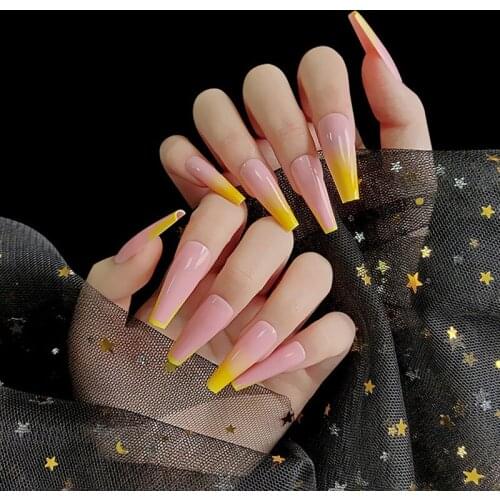 24pcs/Set European Coffin False Nails Extra Long Mixed Yellow Pink Acrylic Ballerina Full Nail Accessories Tips with Glue