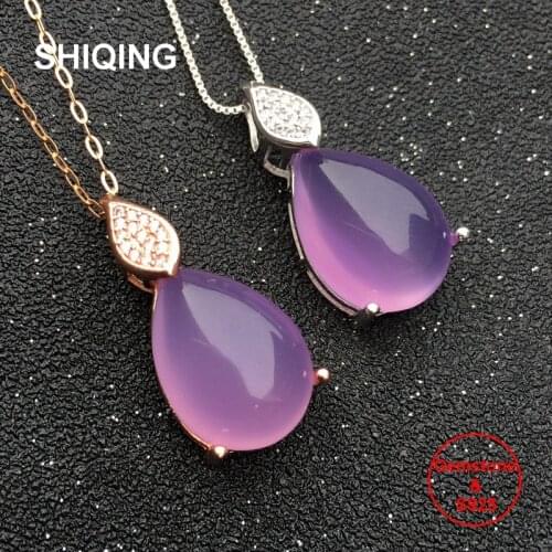 SHIQING Gemstone store nature chalcedony pink purple water drop rose gold white gold color sterling silver necklace for girl