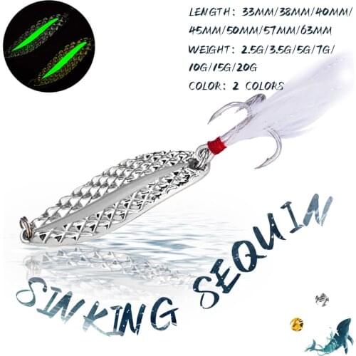KoKossi 1PCS 2.5g/3.5g/5g/7g/10g/15g/20g Sinking Sequins Fishing Lure Artificial Hard Bait Metal Spoon Leech Fishing Tackle